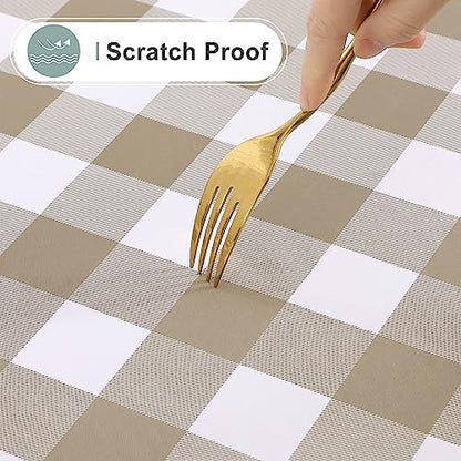 Round Waterproof Vinyl Table Cloth, Buffalo Flannel Backed Tablecloth, Wipeable Plastic Table Cover for Dinner, Kitchen, Picnic (60", Khaki and White) - color: Khaki and White, size: 60" (Round)