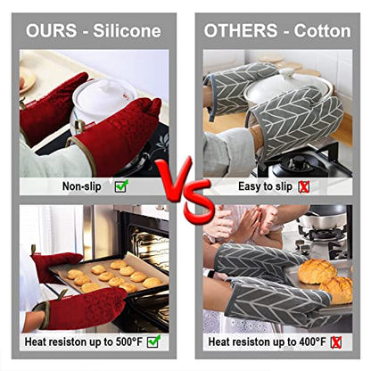 KEGOUU Oven Mitts and Pot Holders 6pcs Set, Kitchen Oven Glove High Heat Resistant 500 Degree Extra Long Oven Mitts and Potholder with Non-Slip Silicone Surface for Cooking (Red) - color: Red