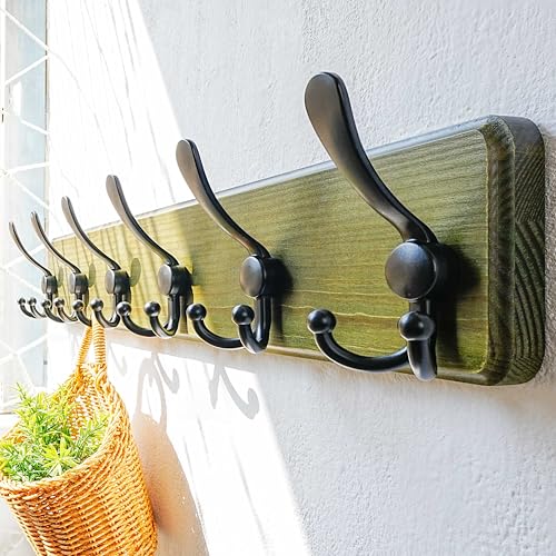 Coat Rack Wall Mounted - 24" Long 6 Tri Hooks, Heavy Duty Wooden Wall Coat Hanger Coat Hook for Clothes Hat Jacket Clothing, Weathered Green and Black - color: Weathered Green & Black, size: L=24"