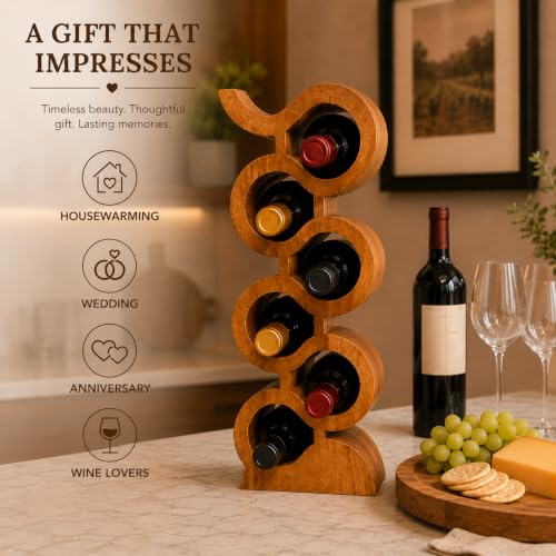 Handmade Solid Acacia Wood Wine Bottle Holder, 6-Bottle Large Chain Wine Rack, Rustic Countertop Wine Storage, Decorative Home Bar Display - size: 6-Bottle