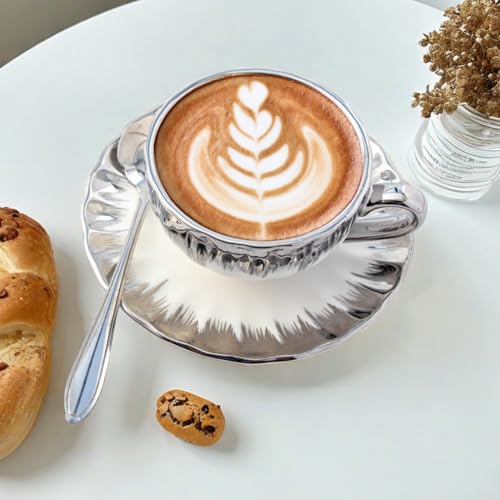 CHANJOON 6 Teacups Tea Tray Spoon Set, 6oz with Galvanized Gold Rim and Gift Box, Ceramic White English Coffee Teacup (silver, medium) - color: Silver, size: medium