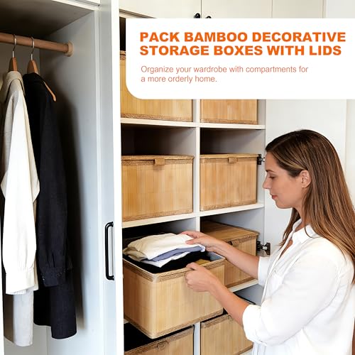 3 Pack Bamboo Decorative Shelf Basket,Woven Storage Boxes with Lined，Nesting Lidded Box with Lids for Toys,Cosmetics,Office,sundries,Closet,natural & eco-friendly bamboo storage organizers