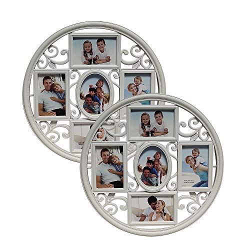 MKUN 2Pack of 4x6 Wall Photo Collage Frames - Round Circular Circle Wall Hanging Picture Collage Frame with Leaf Decoration, 5- Opening (White) - color: White