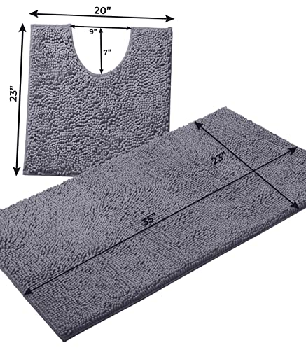 Bathroom Rugs Sets 2 Piece, Luxury Chenille Bath Mat Set, Soft Plush Anti-Slip Bath Rug + U-Shaped Toilet Mat. Microfiber Shaggy Carpet, Super Absorbent (24” x 36” & 20” x 24” U, Dark Grey) - color: Grey, size: 2 Piece Set - Large
