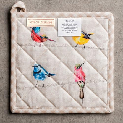 Maison d' Hermine Pot Holders 100% Cotton Potholders (8" x 8", Pack of 2) | Heat Resistant Hot Pads with Loop BBQ Cooking Baking Farmhouse Kitchen Handling Hot Pans Spring Summer - Birdies on Wire - color: 003 - Birdies on Wire, size: 8" x 8" (Pot Holder