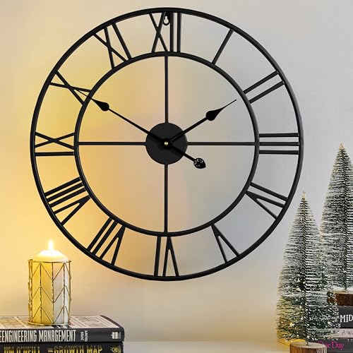 Silent 24 Inch Wall Clock for Living Room Decor,Metal Roman Numeral | Non Ticking,Matt Black,Large Thicker Metal Wall Clock for Dinning Room,Entryway,Home Office & Fireplace Decor - color: Black Roman Numeral, size: 24 Inch