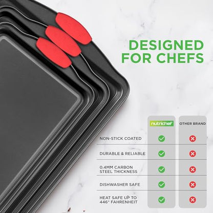 NutriChef 3‑Piece Nonstick Cookie Sheets – Carbon Steel Baking Sheet Set with Non Stick Coating & Red Silicone Handles – Oven Pans for Family Baking - size: 3-Piece Set