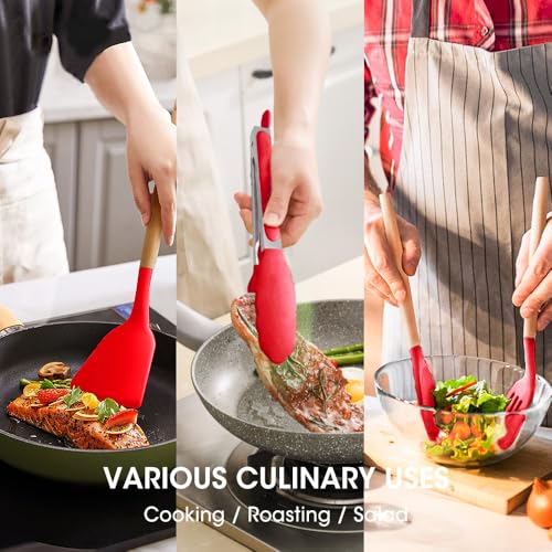 Kitchen Utensils Set Silicone Kitchen Utensils Set with Wooden Handle Utensils for Cooking Heat Resistant Silicone Non-Stick Cookware BPA FREE (Red) - color: Red