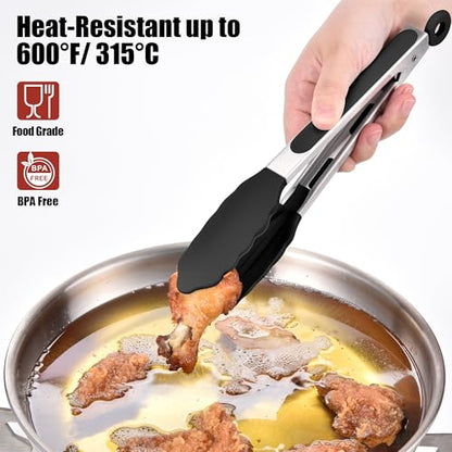 Doosu 9in Kitchen Tong for Cooking - 600°F Heat Resistant Food Tong with Non-Scratch Silicone Tips & 4-Piece Silicone Spatula Set Kitchen BPA Free Food Grade Baking Supplies Cooking Tools (Black)