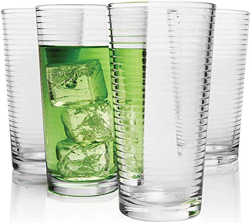 Circleware Hoop Highball Tumbler Drinking Glasses, Set of 4, Kitchen Entertainment Heavy Ice Tea Beverage Cups Glassware for Water, Beer, Juice, Bar Liquor Farmhouse Decor, 15.7 oz, Clear | Elegant Toasting Glasses With Sparkling Gem Filled Stems, Giftwar