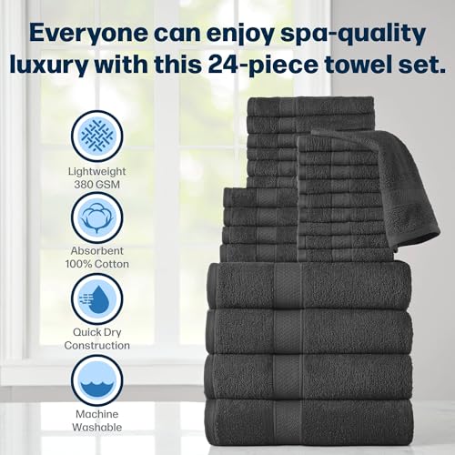 24-Piece Set of Towels, Lightweight 380 GSM Cotton Towels, Quick Drying, Absorbent Hand Towels, Fingertip Towels, Bath Towels, & Washcloths, Black - color: Black