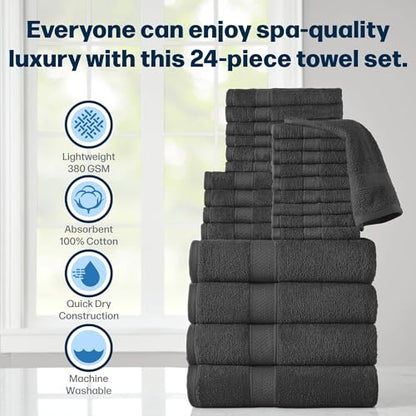 24-Piece Set of Towels, Lightweight 380 GSM Cotton Towels, Quick Drying, Absorbent Hand Towels, Fingertip Towels, Bath Towels, & Washcloths, Black - color: Black