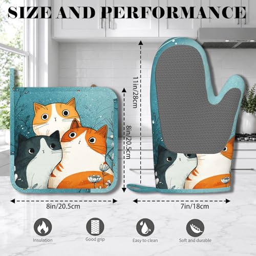 Cute Cartoon Cat Oven Mitts and Pot Holders Sets Funny Cat Silicone Heat Resistant Kitchen Oven Gloves Pot Holder for Cooking Baking Grilling BBQ - color: Cute Cartoon Cat