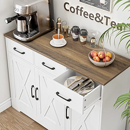 HOSTACK Kitchen Buffet Cabinet with Storage, Sideboard Coffee Bar, White | Farmhouse Kitchen Storage Cabinet with 3 Drawers & Adjustable Shelf, 42.5"W Buffet Table for Dining Living Room - color: White