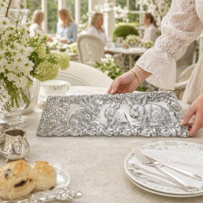 Arthur Court Bunny Oblong Tray - Aluminum Serving Tray with Whimsical Rabbit Motif - Perfect for Easter and Spring Gatherings - 19 x 6 Inches
