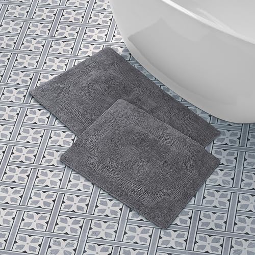 Laura Ashley - Reversible Cotton Bath Mat, Premium Bathroom Décor, Machine Washable Bathroom Rug, Highly Absorbent, 17"x24"/20"x32" 2-Piece Set, Charcoal - color: Charcoal, size: 1'8" x 2'8" (Rectangular)