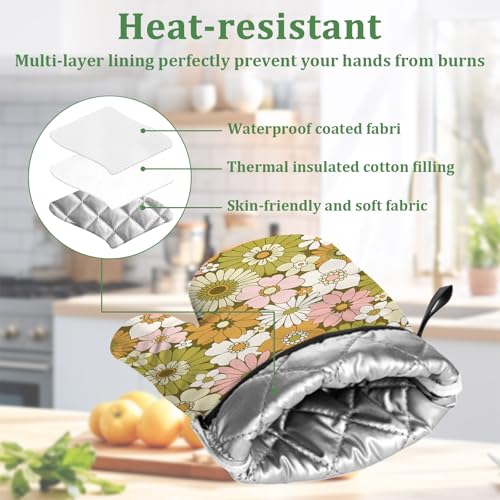 Retro 70s Style Flower Oven Mitts and Pot Holders Set 4 Pcs Extra Long Heat Resistant Gloves Potholder for Baking, BBQ, Grilling - color: Retro 70s Style Flower
