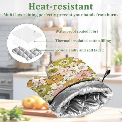 Retro 70s Style Flower Oven Mitts and Pot Holders Set 4 Pcs Extra Long Heat Resistant Gloves Potholder for Baking, BBQ, Grilling - color: Retro 70s Style Flower