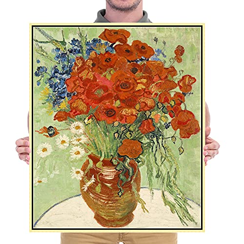 Wieco Art Framed Art Red Poppies and Daisies Canvas Prints Wall Art of Van Gogh Famous Floral Paintings Reproduction Abstract HD Classical Flowers Pictures Artwork - size: 24"L x 20"W