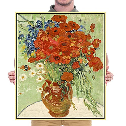 Wieco Art Framed Art Red Poppies and Daisies Canvas Prints Wall Art of Van Gogh Famous Floral Paintings Reproduction Abstract HD Classical Flowers Pictures Artwork - size: 24"L x 20"W