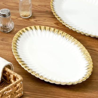 Serving Platters, Ceramic Oval Serving Platters,12 Inch Serving Dishes/Trays for Party Entertaining, Porcelain White Dinner Plates with Gold Trim for Sandwich, Appetizer, Fruit, Desserts, Set of 2 - color: Oval White and Gold-2 Pcs