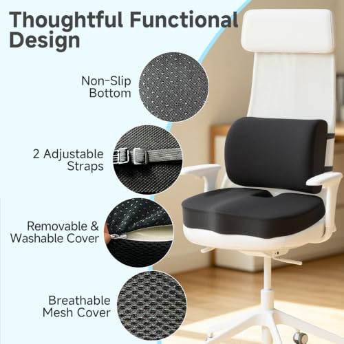 Seat Cushion &Office Chair Cushion,Lumbar Support Pillow for Office Chair,Ergonomic Memory Foam Non-Slip Office Chair Cushion,Back Support Cushions for Tailbone&Sciatica Pain Relief Black
