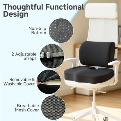 Seat Cushion &Office Chair Cushion,Lumbar Support Pillow for Office Chair,Ergonomic Memory Foam Non-Slip Office Chair Cushion,Back Support Cushions for Tailbone&Sciatica Pain Relief Black