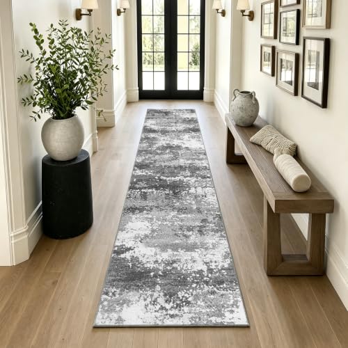 2x10 Hallway Runner Rug Non Slip Washable Grey Entryway Rug Runner with Rubber Backing 10ft Long Kitchen Carpet Runner for Laundry Room Bedroom, Low Pile Stain & Fade Resistant, Abstract Gray - color: Grey, size: 2' X 10' (Runner)