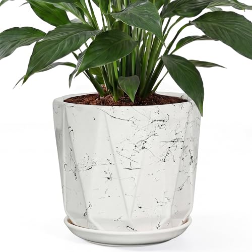 10 Inch Ceramic Plant Pot with Drainage Hole Mesh Net, Large Flower Pots for Indoor Plants with Saucer, Gardening Pots Outdoor (White Silk) - color: White Flying Silk, size: 10 Inch