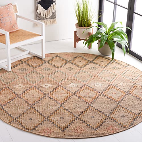 SAFAVIEH Kilim Collection Area Rug - 5' Round, Natural & Blue, Handmade Moroccan Boho Jute & Cotton, Ideal for High Traffic Areas in Living Room, Bedroom (KLM753A) - color: Natural/Blue, size: 5' (Round)