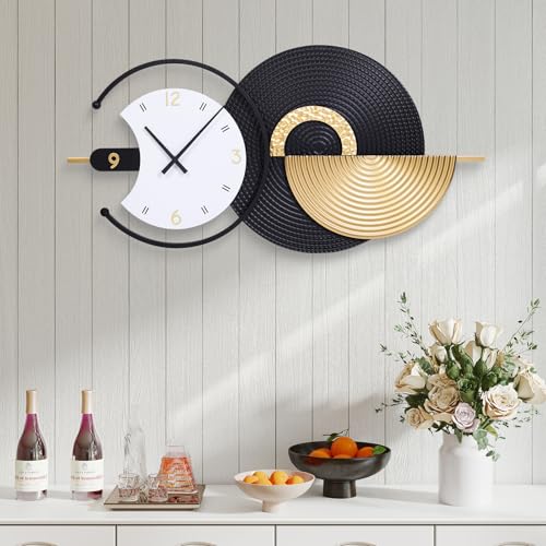35×18 Inch Modern Abstract Metal Decor Wall Clock | silent non-ticking, battery operated, large decorative clock for living room dining bedroom office - color: H-black Gold-35x18inch