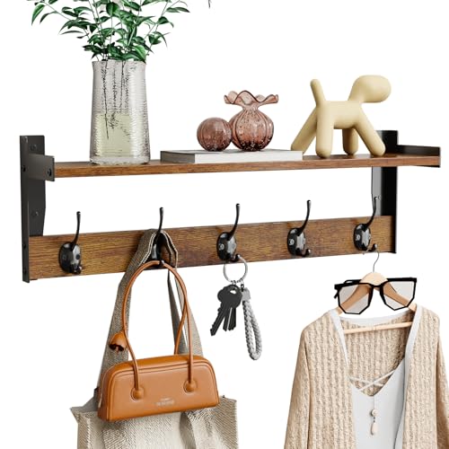 Coat Rack with Wall Mount, 23 Inch Long Entryway Wall Shelf with Hooks, Wood Hanger with Storage Shelf for Bathroom, Hallway, Rustic Brown - size: 23 inch Long
