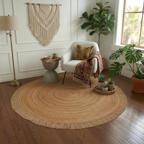 Hand Woven Jute Round Rug, Natural Reversible Boho Area Rug for Entryway, Kitchen, Living Room and Bedroom I Farmhouse Indoor Floor Rug - 6ft, Circular - size: 6' (Round)