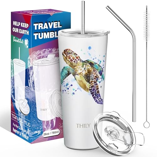 THILY Stainless Steel Vacuum Insulated Tumbler Travel Mug 26 oz Coffee Cup with 2 Lids and Straws, Splash Proof, Keep Ice Drinks Cold, Sea Turtle - color: Sea Turtle, size: 26 Ounce (Pack of 1)
