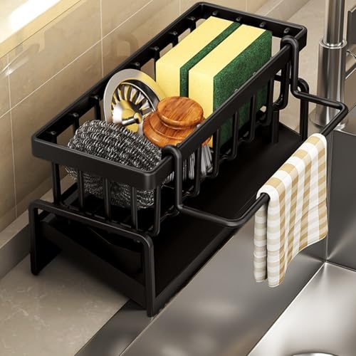 Kitchen Sink Organizer With Auto Draining Tray, Sponge Holder For Kitchen Sink Stable No-Slip Sink Caddy Sponge Holder Drain Basket With Towel Hanging Rod Kitchen Organization For Sponge Soap (Black)