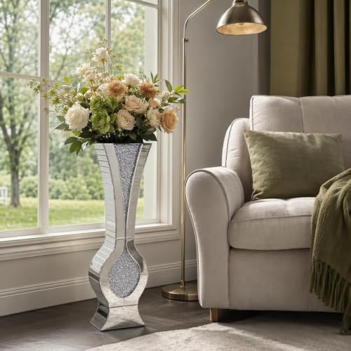 30”Double Sided Silver Mirror Crushed Diamond Floor Vase, Tall Curved Mirror Bling Flower Vase for Entryway Living Room Luxury Home Decor(Silver, 9.7" L x 5.3" W x 30" H) - color: Silver, size: 9.7" L x 5.3" W x 30" H