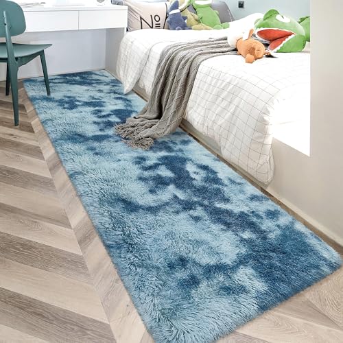 Super Soft Fluffy Living Room Area Rug 2x10 ft Tie-Dyed Light Blue Shaggy Furry Carpet Washable Non-Slip Floor Rugs Bedroom Bedside Nursery Rug Fuzzy Girls Boy Dorm Home Decor Aesthetic - color: Tie-dyed Blue, size: 2' x 10' (Runner)