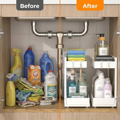TATAANTY Under Sink Organizer, L-Shaped Metal 2-Tier Double Pull-Out Drawer for Kitchen & Bathroom Cabinets, Adjustable Height Storage - 50lbs Heavy Duty Waterproof 2PCS Height Adjustable - color: Cream White