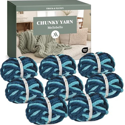 Jumbo Chunky Yarn for Hand Knitting - Super Thick Chenille Chunky Yarn for Crocheting - Extra Soft Bulky Fluffy Blanket Big Yarns 8 Jumbo Pack (27yds,8 oz Each Skein) - color: Ocean Current