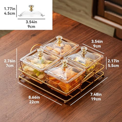 Serving Bowls with Lid and Metal Rack for Snack Salads Biscuit, Grey Set of 4 Removable Divided Glass Containers for Chips Nuts Condiments - size: 4 Pack