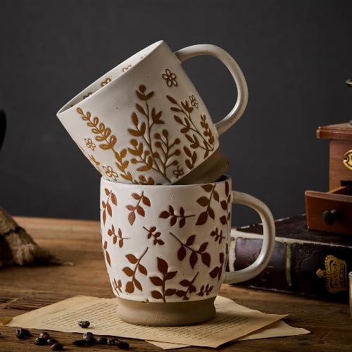 18 Oz Large Ceramic Coffee Mug Set of 2 - Rustic Handmade Floral Mugs with Handle, Microwave Safe for Latte Espresso Cappuccino Tea Cocoa Milk, Modern Unique Big Cups for Kitchen Women(Caramel Brown) - color: Caramel Brown