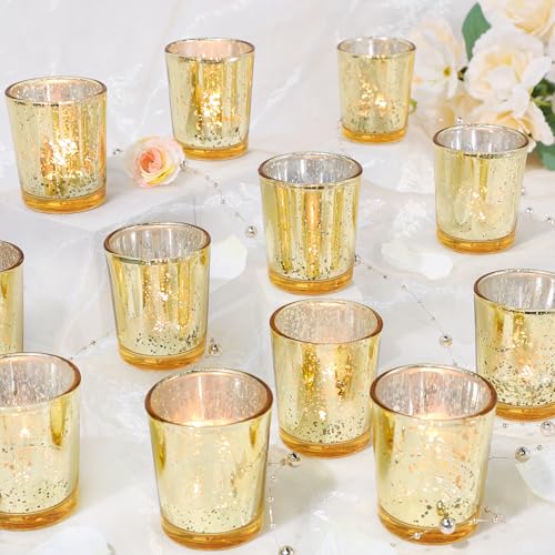 UPBUD Gold Votive Candle Holders Set of 24 | Speckled Mercury Tealight Candle Holders for Wedding Centerpiece Table, Bridal Shower Decor, Home Decor - color: Gold