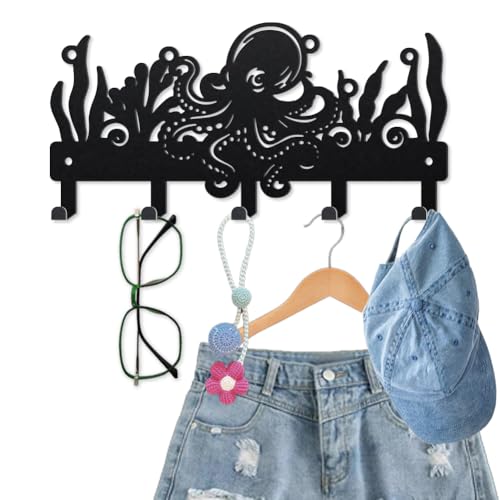 MAYJOYDIY Octopus Marine Life Metal Key Hook 9.8×4.7inch Seagrass Water Plant Bubbles Coat Rack Wall Mounted 5 Hooks Sea Animal Key Holder Black Wall Decor Gift for Coats Hats Towels Bags - style: Octopus Marine Life