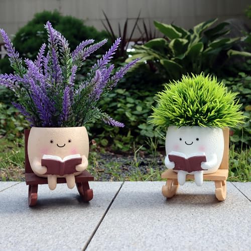 Dolkgy Cute Face Planters Succulent Pots, Funny Rocking Chair Reading Head Flower Planter Cactus Pot with Drainage Hole for Indoor Outdoor Plants, Unique Plant Lover Gifts - color: Khaki Chair Planter