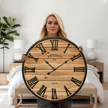 EMAX HOME 30 Inch Farmhouse Wall Clock - Large Rustic Wood, Silent Sweep, Battery Operated for Living Room Kitchen Office, Brown - size: 30 Inch