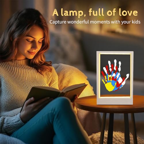 CHERRY CHEERS Family Handprint Kit with Light, Handprint Keepsake Frame, Wooden Led Light, Easy Install, No Need Screw etc, Non-Toxic Paints (White) - color: White