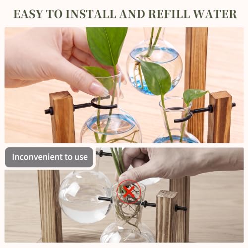 Plant Propagation Station，Hydroponic Glass Bulb Vase with Wooden Stand Decorative Propagation Stations with Blue Glass Beads for Home Desk Office Gardening Gifts for Mom Women Plant Lovers