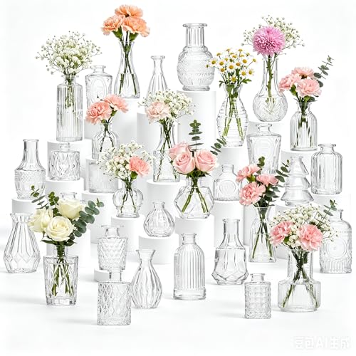 32 Pcs Clear Glass Bud Vases in Bulk, Small Vintage Bud Vase Set for Flowers, Mini Glass Vases for Wedding Centerpieces, Baby Shower, Table Decorations, Event Decor, 3.1"-5.1"