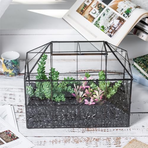 NCYP Glass Terrarium Planter with Lid for Small Succulent Plants, Grid House Shape Black Geometric Terrarium Pot, Home Garden Indoor Tabletop Decor, 9.84" x 5.31" x 7.87" (No Plants)
