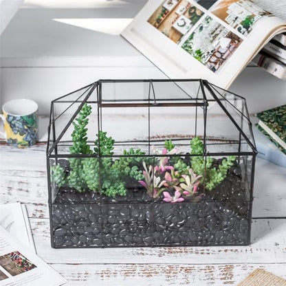 NCYP Glass Terrarium Planter with Lid for Small Succulent Plants, Grid House Shape Black Geometric Terrarium Pot, Home Garden Indoor Tabletop Decor, 9.84" x 5.31" x 7.87" (No Plants)